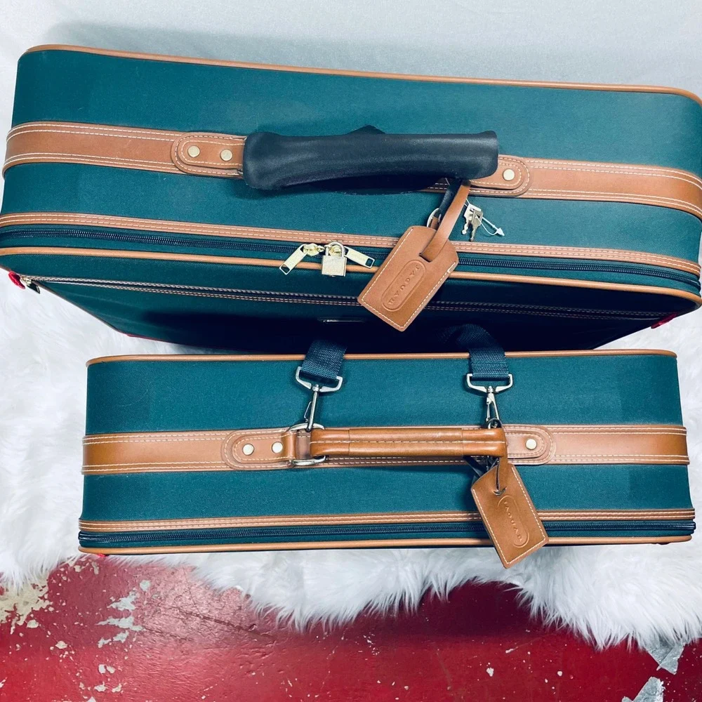 Jaguar Rolling Suitcase Green Canvas Faux Leather Large Vintage Bag